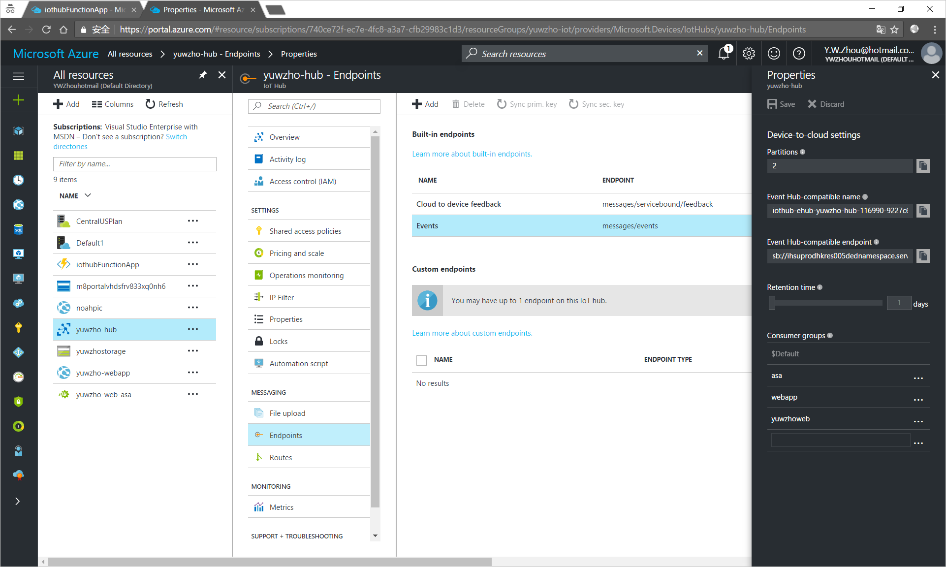 Get the connection string of your IoT hub endpoint in the Azure portal